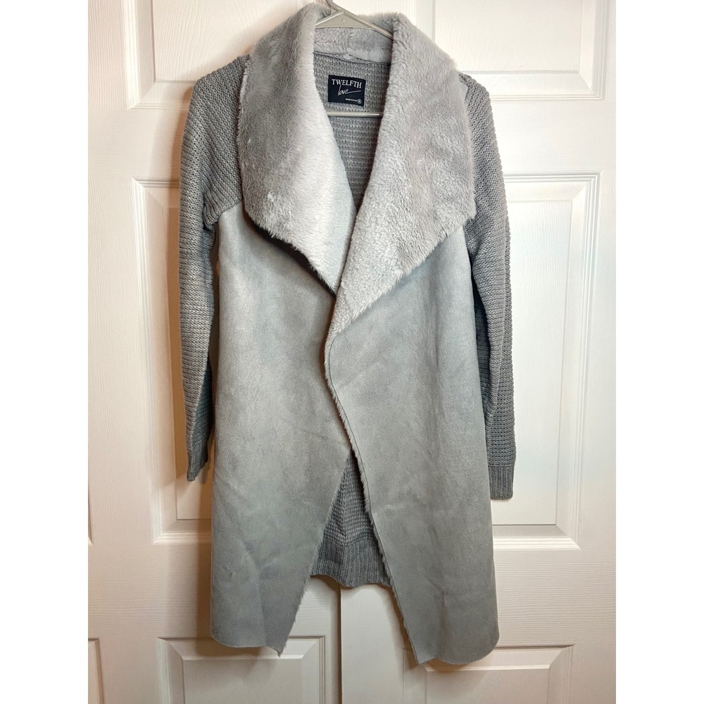 Twelfth Love Faux Suede Faux Fur Collar Cardigan Gray Draped Boho M
